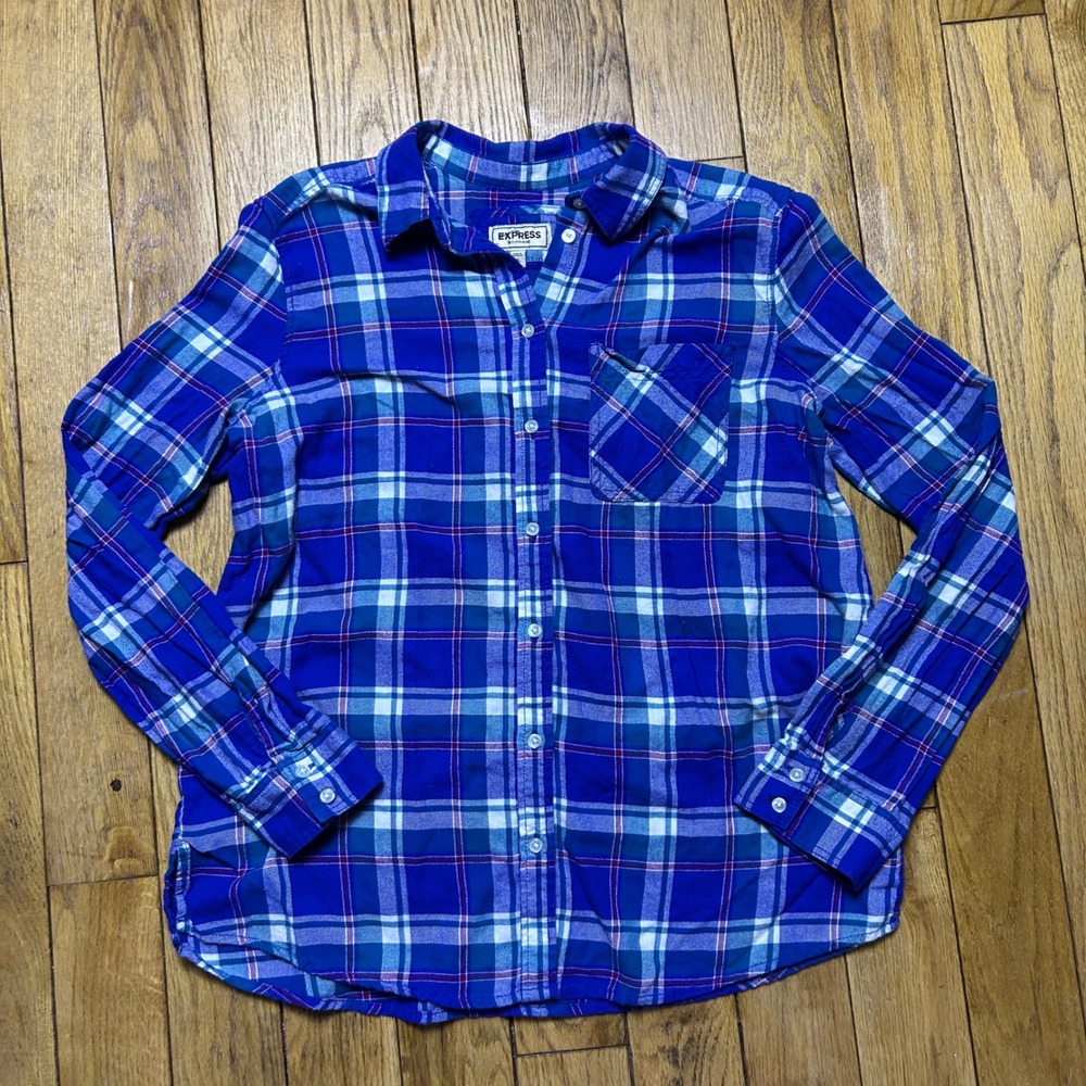 Express Boyfriend Flannel Shirt Womens Medium Blue Plaid Cotton Button Down